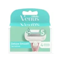 Bild av Gillette Venus Deluxe Smooth Sensitive utbytbara rakblad för kvinnor, 4 stycken, rakhyvelinsatser med 5 blad och fuktgivande remsa Skinelixir