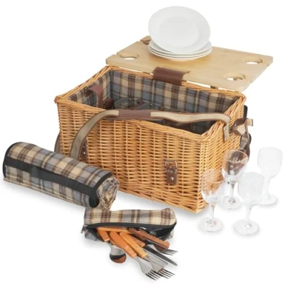 Bild av CampFeuer Picknickkorg för 4 personer med porslinsset och serveringsbord 25 delar flätad korg läderrem picknickväska, picknickset (blå/beige rutig)