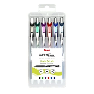 Bild av Pentel BL77 6 EnerGel Gelbläckrulle med tryckmekanik, 0,7 mm kuldiameter = 0,35 linjetjocklek, påfyllningsbar, justerbar plastlåda, innehåll stycken, färgsorterade, 12 färger