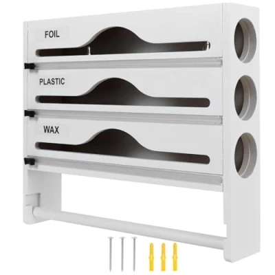 Bild av BAODBF foliedispenser bambu, 3 i 1 plastfoliedispenser, plastfolie och aluminiumfoliedispenser, aluminiumfoliedispenser färskhållning för kök, 35,5 x 29,5 7 cm (vit)