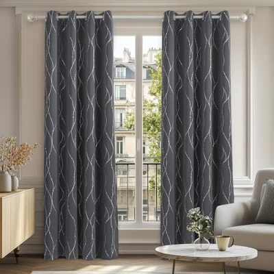 Bild av Deconovo Mörkläggningsgardiner med öljetter, gardiner för vardagsrum, ogenomskinliga termogardiner, 214x132 cm (höjd x bredd), mörkgrå, uppsättning om 2