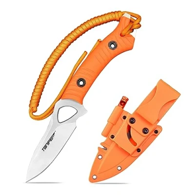 Bild av TONIFE Explorer Fast kniv med plastslida 8Cr14MoV blad Överlevnadskniv, glasfiberförstärkt nylonhandtag för utomhuscamping EDC (Orange+satin)