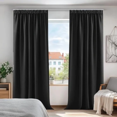 Bild av Deconovo Plisserande gardiner energisparande och brusreducerande värmeisolerade mörkläggningsgardiner för sovrum B 140 x L 214 cm 2 paneler svart