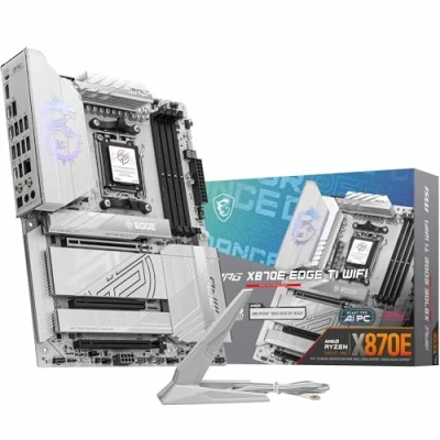 Bild av MSI MPG X870E EDGE TI WIFI moderkort, ATX Stöder AMD Ryzen 9000/8000/7000 processorer, AM5 80A SPS VRM, DDR5 Memory Boost 8400+MT/s (OC), PCIe 5.0 x16, M.2 Gen5, Wi Fi 7, 5G LAN