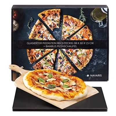 Bild av Navaris pizzasten för ugn glaserad 38 x 30 cm och pizzaspade bambu tegel ugnsgrill brödbaksten stenplatta resistent