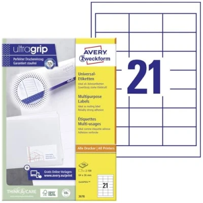 Bild av AVERY Specialform 3670 adressetikett (med ultraljud, 64 x 36 mm på DIN A4, pappersmatta, tryckbara, självhäftande adresseetiketter, 2 100 etiketter ark) vit