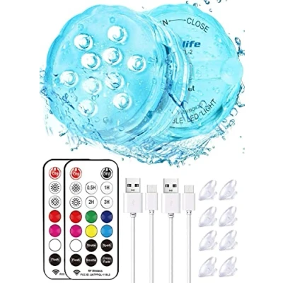 Bild av Idealife uppladdningsbara badtunnor, vattentäta dammlampor undervattensbelysning poollampor bad spa lampor nedsänkbara LED med RF fjärrfest akvarium julbelysning dekorationer 2 pack