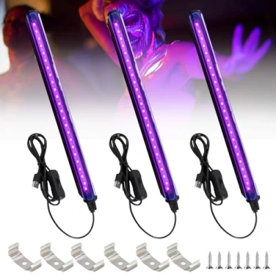 Bild av Svartljusrör, 3 stycken svartvju 5 W, 24 LED, 28 cm, svart ljus, LED remsa med strömbrytare, USB UV lampa, festljus för festtillbehör, scenbelysning, kroppsmålning
