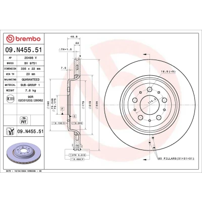 Bild av BREMBO Bromsskiva TESLA: Model Y 335mm 22mm 5 ventilerad invändigt 09.N455.51 Bromsskivor