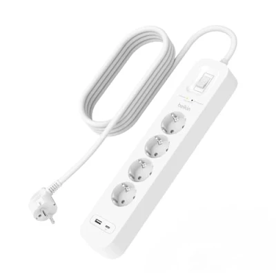 Bild av Belkin grenuttag överspänningsskydd med 4 eluttag, för väggmontering 2 m strömsladd och grön indikeringslampa USB C A port PD snabbladdning 525 Joule skydd
