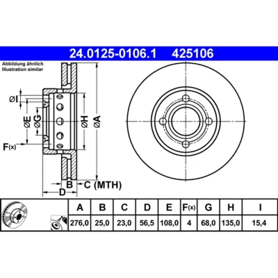 Bild av ATE 24.0125 0106.1 Disque de frein 276,0 25,0 4 108,0 ventilé revêtu à haute teneur en carbone AUDI: 80 B4 Berline, Coupe B3, Avant