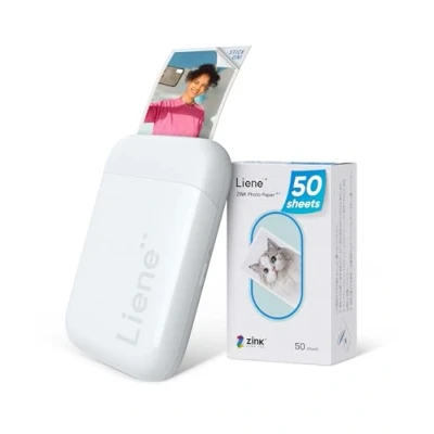 Bild av Liene Mini fotoskrivare för smartphone (5 x 7,6 cm) med 50 ark zinkfotopapper självhäftande baksida, 300 DPI omedelbart Bluetooth skrivare, kompatibel iOS och Android smartphone, integrerat