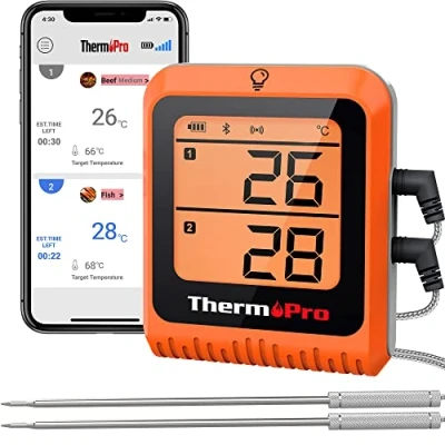 Bild av ThermoPro TP25H2 150 m trådlös köttermometer med bluetooth, BBQ köttermometer, uppladdningsbar smart app, matsonder dubbel temperatur för matlagning, grillning, ugn, rökning, kalkon &amp; nötkött