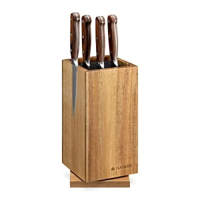 Bild av Navaris Kökskniv i trä magnetisk universell borst knivhållare förvaringsstativ akacia träknivblock roterande design, 25 x 12,5 cm