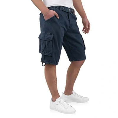Bild av Indicode Kjeld Cargoshorts för män med 6 fickor, inkl. tygbälte av 100 % bomull, korta cargobyxor, bermudashorts, sommarbyxor, herrshorts, marinblå, XL