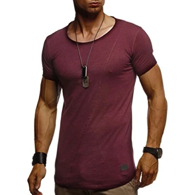 Bild av Leif Nelson t shirt män sommar rund hals 100 % bomull, regular fit herr krage, casual basic kortärmad, Bordeaux, M