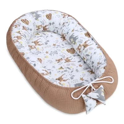 Bild av Nid d&#039;ange pour nouveau né 90x50 cm Cocon en Coton Gaufre TOTSY BABY Etoiles Cerf Brun