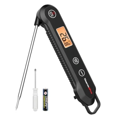 Bild av ThermoPro TP03H köttermometer med vikbar mattemperatursond, IPX6 vattentät mattermometer kalibrerings &amp; låsfunktion, bakgrundsbelysning, LCD skärm, termometer för olja, godis, mjölk, sylt (svart)