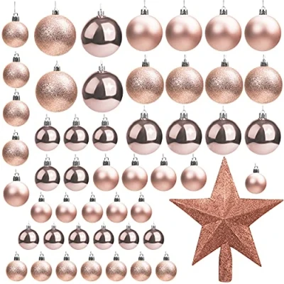 Bild av Belle Vous 50 pack julgranskulor, blandade storlekar, glittrande roséguldfärgade julgranskulor med julgransstjärna, hängande ornament för juldekorationer och högtidsfester, inomhus utomhusdekorationer