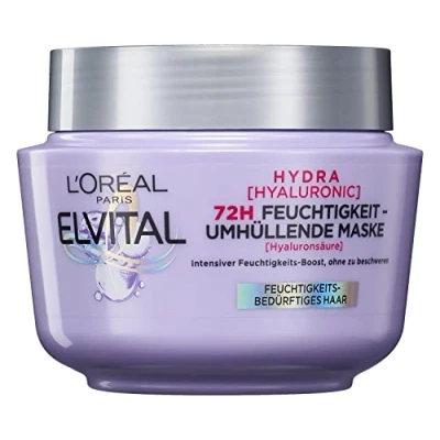 Bild av L&#039;Oréal Paris Elvital fuktgivande hårmask för glänsande hår, intensivbehandling med hyaluron en fuktboost, Hydra Hyaluronic, 300 ml