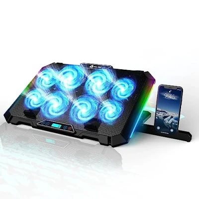 Bild av KLIM V8 gaming laptop kylplatta med 8 fläktar + ny 2023 kylare stabilt RGB stativ för bärbar dator fläkt kompatibel upp till 17 tum 2 USB portar mobiltelefonhållare