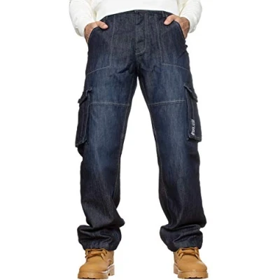 Bild av BRAND KRUZE Designer stridsbyxor för män, vardagliga cargojeans, arbetsbyxor, alla midjestorlekar, Dark Stonewash, 46W x 30L