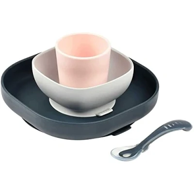 Bild av Béaba Matset av silikon för barn, med sugkopp, glidbeständig, 4 delar, tallrik + skål glas sked, hälsosam och hållbar silikon, diskmaskinssäker, mikrovågsugnssäker, nattblå