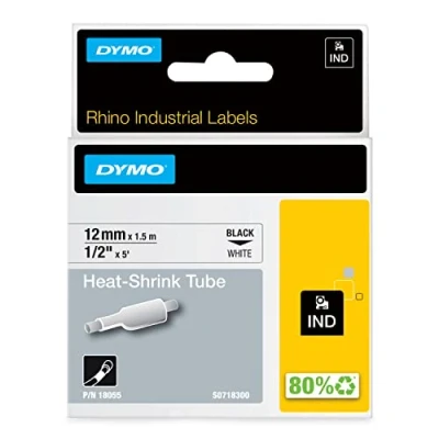 Bild av DYMO Rhino Industriell värmekrympning kabeletikettrör 12 mm x 1,5 m Svart tryck på vitt för noshörningsetikettmaskiner