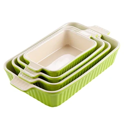 Bild av MALACASA, Serie bakning, rektangulär bakform set med 4 (9 tum/11 tum/12 tum/14 tum), ugn till bord keramiska handtag idealisk för lasagne/paj/gryta/tapas, grön