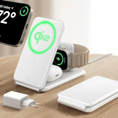 Bild av ESR Qi2 3 i 1 laddningsstation för Apple, 15 W MagSafe reseladdare iPhone och Apple Watch [certifierad], 16/15/14/13/12 AirPods 4, vit