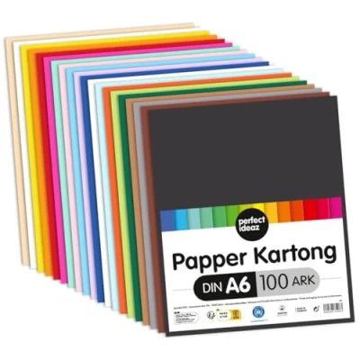 Bild av perfect ideaz 100 A6 ark färgad fotokartong, pysselpapper, genomfärgade ark, 20 olika färger, 300 g, tonpapper för pyssel, uppsättning med färgade DIY vykort