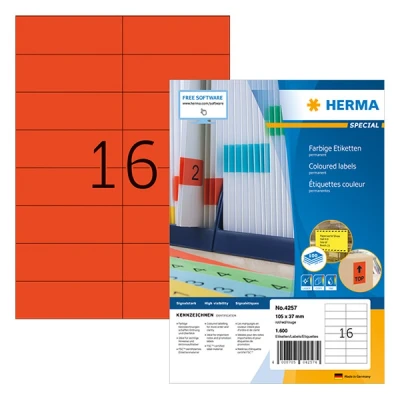 Bild av HERMA 4257 färgade etiketter A4 (105 x 37 mm, 100 ark, papper, matt) självhäftande, utskrivbara, permanenta färgetiketter, 1 600 klistermärken, röd