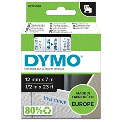 Bild av DYMO Autentiska D1 etiketter blått tryck på vit tejp 12 mm x 7 m självhäftande för LabelManager etikettmaskiner Tillverkad i Europa