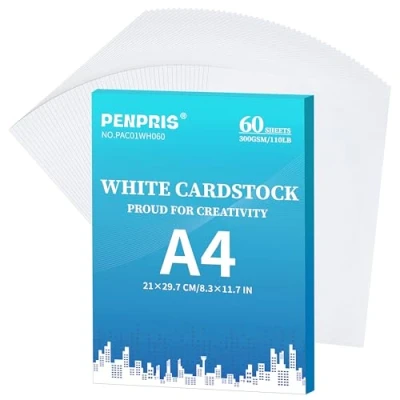 Bild av PENPRIS 300 gsm vit kartong 60 ark A4 storlek pappersskyddskort lager 100 kg tungvikt papper tjockt för gör det själv korttillverkning, inbjudningar, vykort, visitkort PAC01WH060