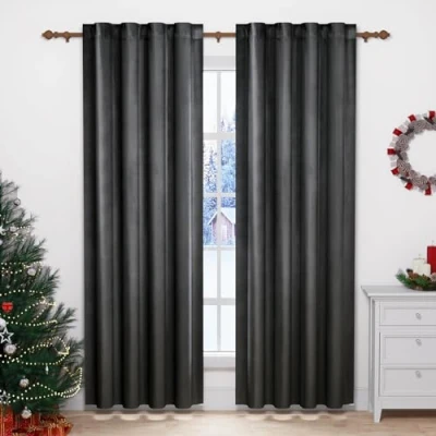 Bild av WOLTU 2 stycken sammetsgardiner, ogenomskinlig mörkläggningsgardin med veckband, termogardin, 300 g/m² tunga sammetsmörkläggningsgardiner för sovrum och vardagsrum, 140 x 225 cm (B H), mörkgrå