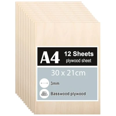 Bild av 12 stycken plywoodskivor, 3 mm, A4 plywood, 30 x 21 cm, lindplywood, tunna träskärningar, träplattor för gör det själv träarbete, laserbearbetning, brandmålning, modelltillverkning, dekoration,