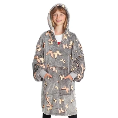 Bild av Filt Hoodie Oversize GLOW Hoodie, med ärmar, 100% MIKROFIBER fleecefilt, överdimensionerad storlek för barn, FARFALLER