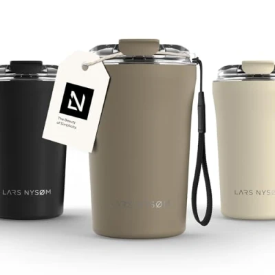 Bild av LARS NYSØM Thermo Kaffeebecher to go med bärrem &amp; Tritan lock er Travel Mug 0,38 liter isolering Läcksäker rostfri termosmugg för kaffe te (Taupe Brown, 380ml)
