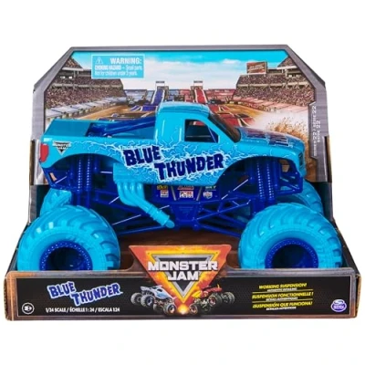 Bild av Monster Jam, officiell Blue Thunder Truck, samlare formgjutna fordon, skala 1:24, barnleksaker för pojkar och flickor i åldern 3 uppåt