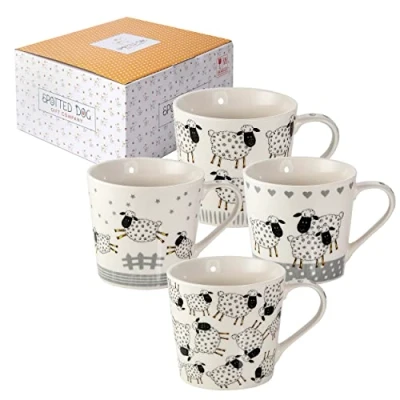 Bild av Prickig hund gåva företag djurmuggar, får kaffemugg set med 4, svart och vit keramik porslin Kina te kaffekoppar, gåvor för fårälskare kvinnor män, 380 ml / 13 oz