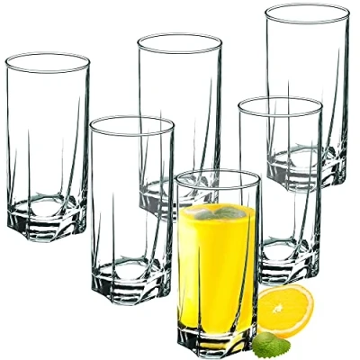 Bild av KADAX Dricksglas av högkvalitativt glas i set med 6 stycken, tjockväggiga juiceglas, ribbade för vatten, dryck och juice, fina fest , cocktail drinkglas (380 ml, högt glas)