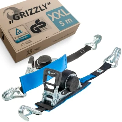 Bild av valonic GRIZZLY XXL automatiskt spännband med krok, vadderad, 2 st, 5m, 35mm, 800/1600 kg, spärrhake, EN 12195 2, svart