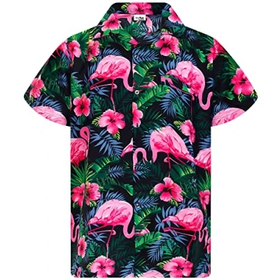 Bild av King Kameha herr Flamingo blommor kortärmad Hawaii skjorta nyhet sommarvibbar, blommor, svart rosa, L, design L