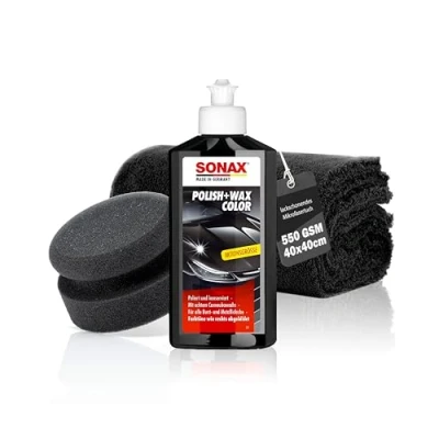 Bild av Bilpoleringsset Sonax Polish &amp; Wax Color svart 250 ml bilpolering poleringssvamp polerduk Poleringspasta för färgade och metalliclacker att ta bort små repor Poleringsset