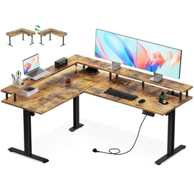 Bild av OffiGo Höjdjusterbart elektriskt skrivbord, 150 x 120 cm hörnskrivbord, Standing Desk med Uttag, höj och sänkbart skrivbord skärmhylla, Brun