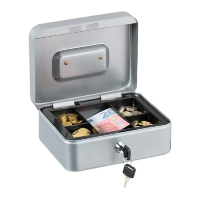 Bild av Relaxdays Låsbar, avtagbar insats, 5 fack, pengabox järn, H x B D: 8,5 20 17 cm, silver