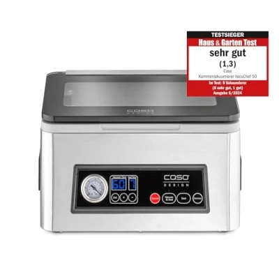 Bild av CASO VacuChef 50 kammarvakuumtätare av rostfritt stål, 70 l/min, 4 kammarvolym, dubbel svetssöm (2 mm), marineringsfunktion, inkl. 30 förseglingskant, reservtätning och vakuumslang, 1416