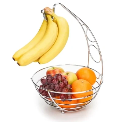 Bild av EXZACT Fruktkorg med banankrok. 41 cm hög, trådbunden frukthylla, bananhängare silverfärgad krom