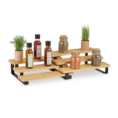 Bild av Relaxdays kryddhylla, utdragbar bambu, HBT: 11,5 x 32 24,5 cm, 3 nivåer, stående kryddställ, natur