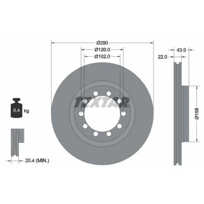 Bild av TEXTAR 93117400 Disque de frein 290 22 05/10 120 ventilé l&#039;intérieur sans roulement roue, boulon fix moyeu roue